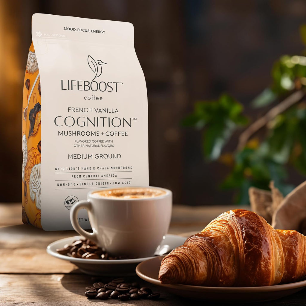 French Vanilla Cognition Mushroom Coffee - Low Acid Medium Organic Coffee with Nootropic Lions Mane & Chaga Mushrooms - Increase Energy, Boost Focus & Immune Support - 12 Oz Bag - Ground