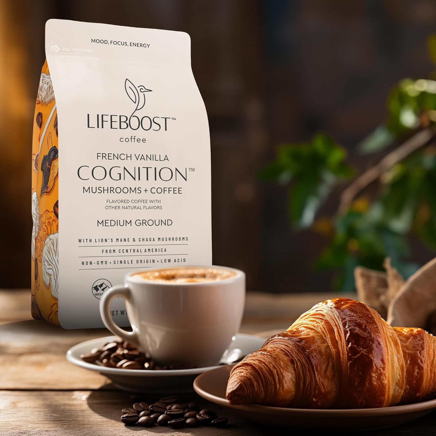 French Vanilla Cognition Mushroom Coffee - Low Acid Medium Organic Coffee with Nootropic Lions Mane & Chaga Mushrooms - Increase Energy, Boost Focus & Immune Support - 12 Oz Bag - Ground