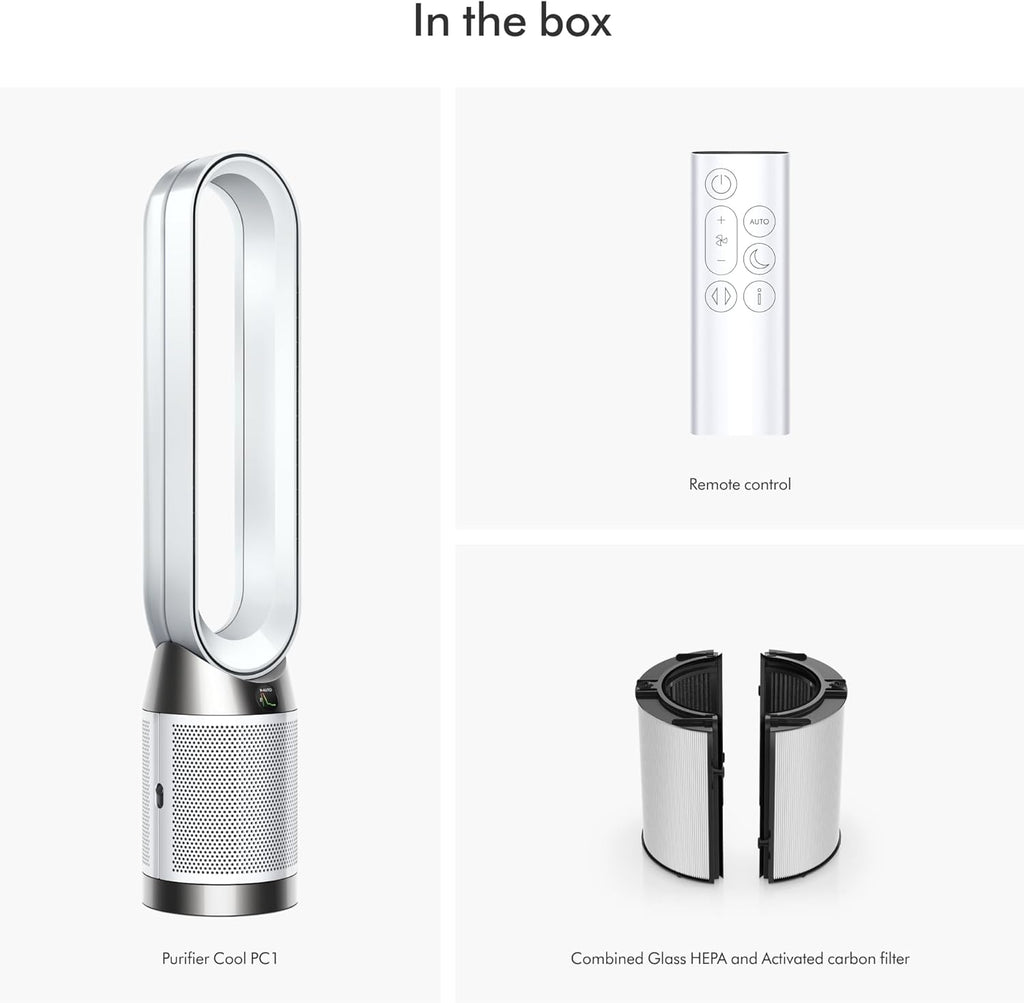 Dyson Purifier Cool PC1, HEPA Air Purifier Tower Fan, App and Remote Controlled, 350° Oscillation, 10 Levels, Bladeless (White)