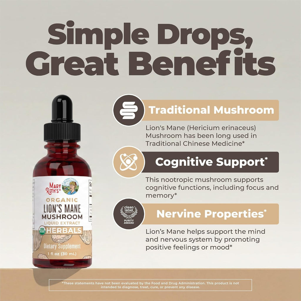 Lions Mane Mushroom Supplement Liquid Drops 1 Fl Oz, Non-Gmo