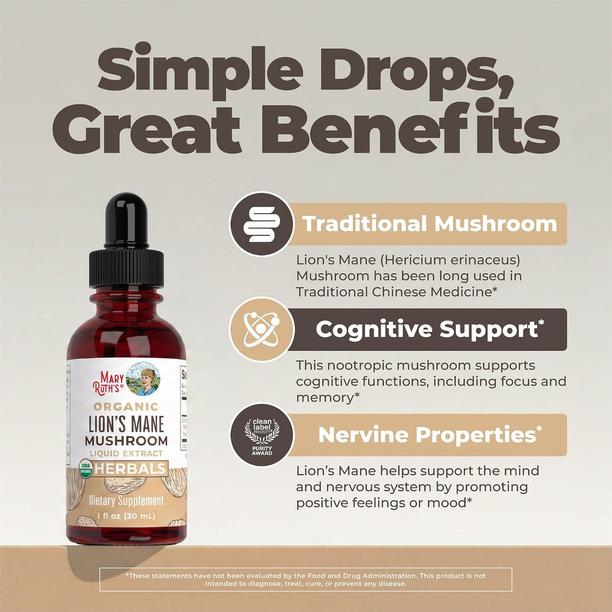 Lions Mane Mushroom Supplement Liquid Drops 1 Fl Oz, Non-Gmo