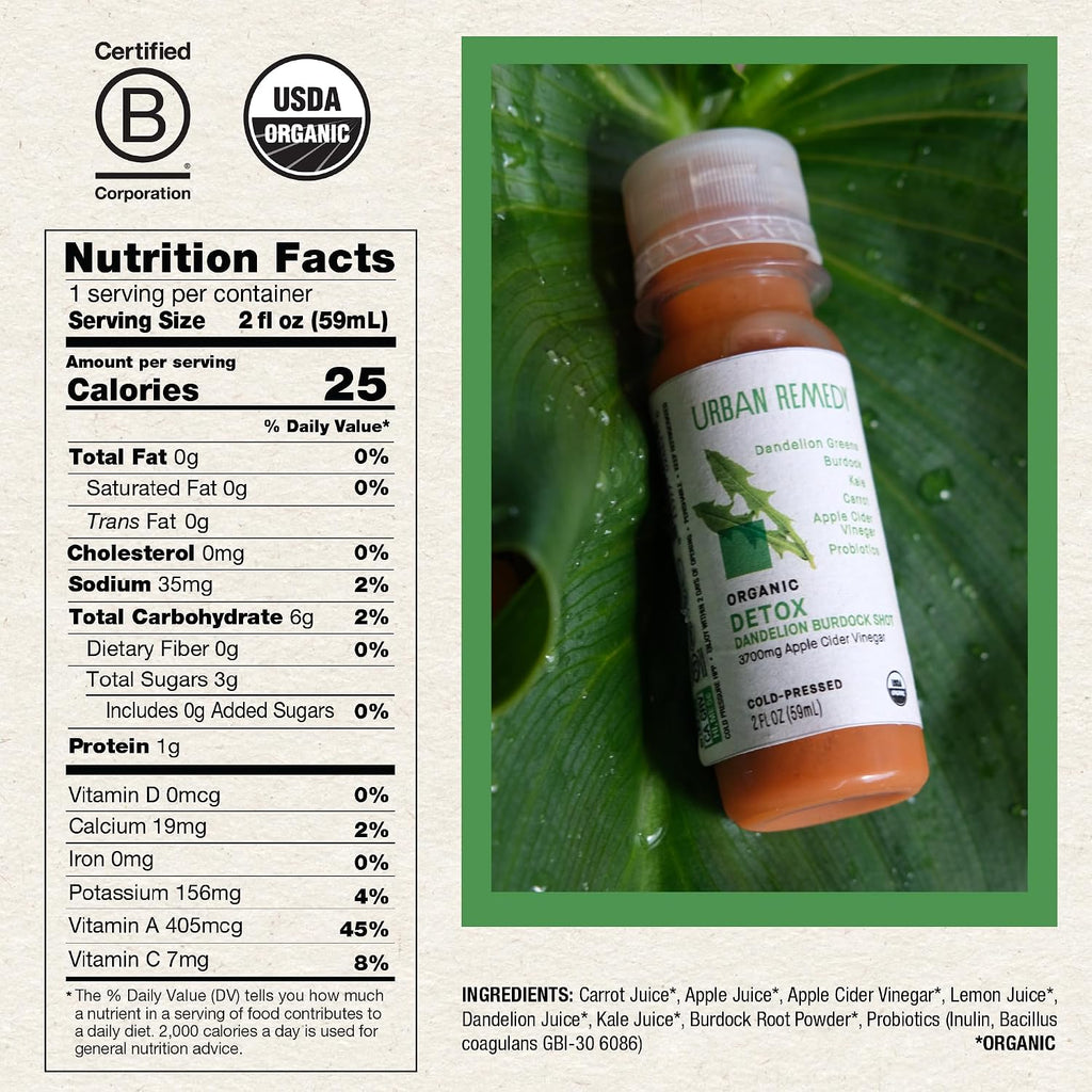Organic Detox Shot – a 2 Fl Oz Plant-Based Wellness Boost with Apple Cider Vinegar, Dandelion, Burdock, and Probiotics for Digestion and Detox. Vegan and No Added Sugar.