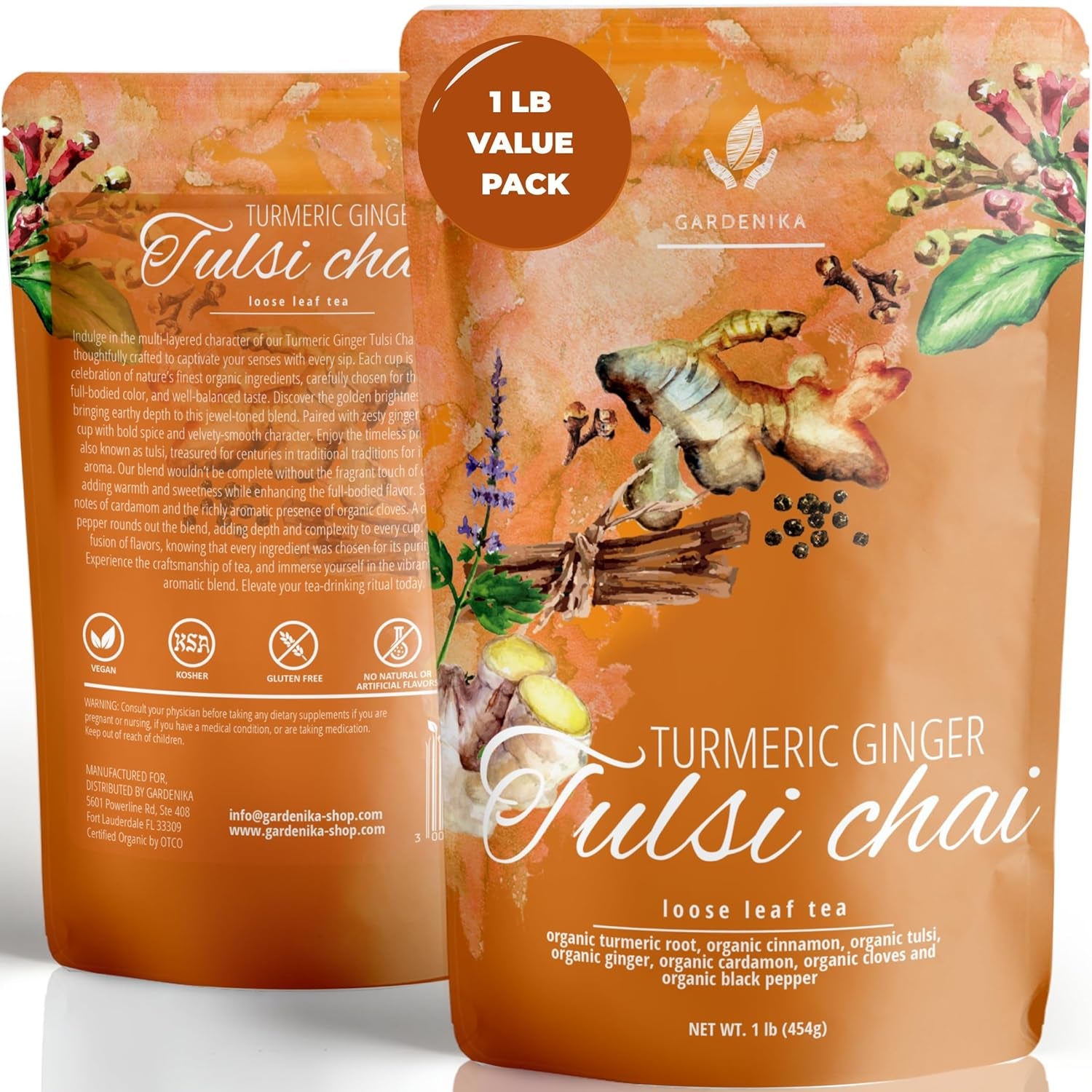 Organic Turmeric Ginger Tulsi Chai Loose Leaf Tea, 1 LB Bulk Bag - Ayurvedic Herbal Tea with Cinnamon & Cardamom - Caffeine Free, Organic, Kosher