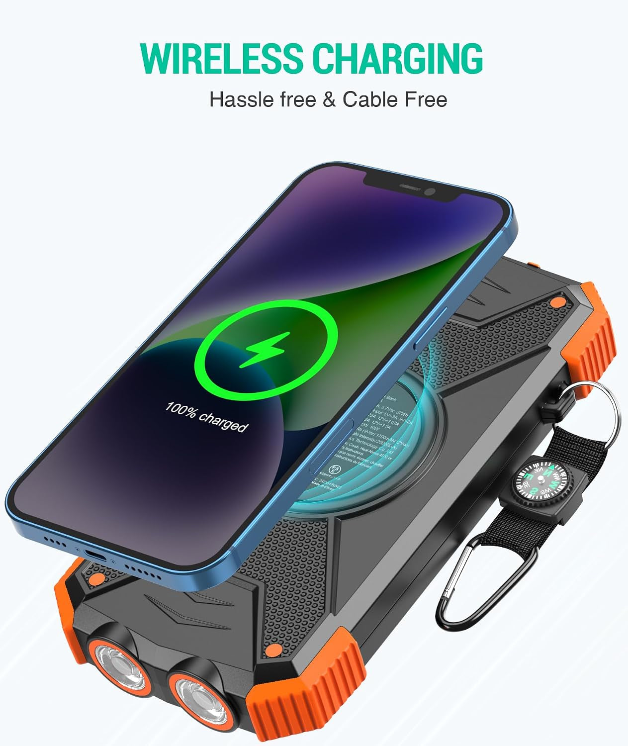 Solar Power Bank 10,000Mah, Portable Wireless Charger, 20W Fast Charging External Battery Pack with USB C for Cell Phones, Solar Panel Charging with Dual Flashlight for Camping