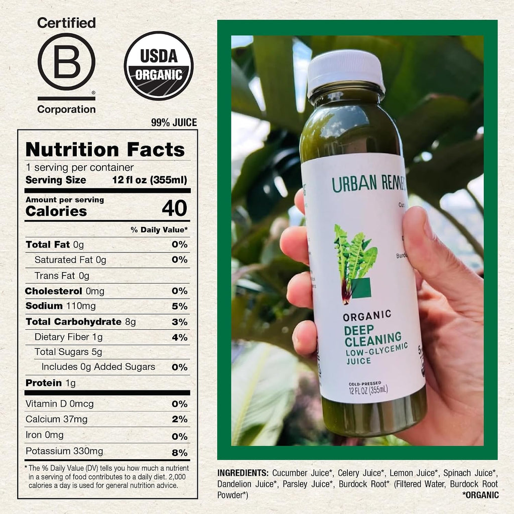Urban Remedy Organic Deep Cleaning Juice, Cold-Pressed, 12 Fl Oz, Detoxifying Green Juice with Burdock Root & Dandelion Greens, Low Glycemic, Non-Gmo, Gluten-Free, Hydrating & Ready-To-Drink