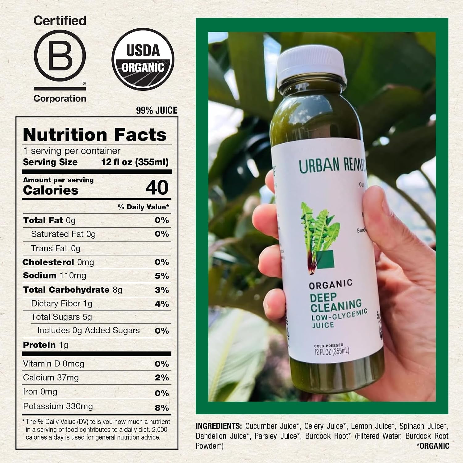 Urban Remedy Organic Deep Cleaning Juice, Cold-Pressed, 12 Fl Oz, Detoxifying Green Juice with Burdock Root & Dandelion Greens, Low Glycemic, Non-Gmo, Gluten-Free, Hydrating & Ready-To-Drink
