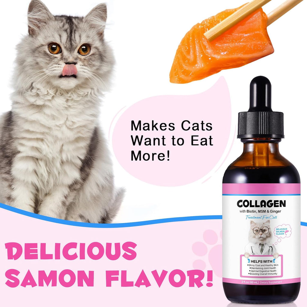 Liquid Collagen for Cats, Cats Collagen Liquid Drops with Biotin, MSM & Ginger Immunity Support, Itch Relief, Skin & Coat and Joint Health Supplement for Cat 60Ml