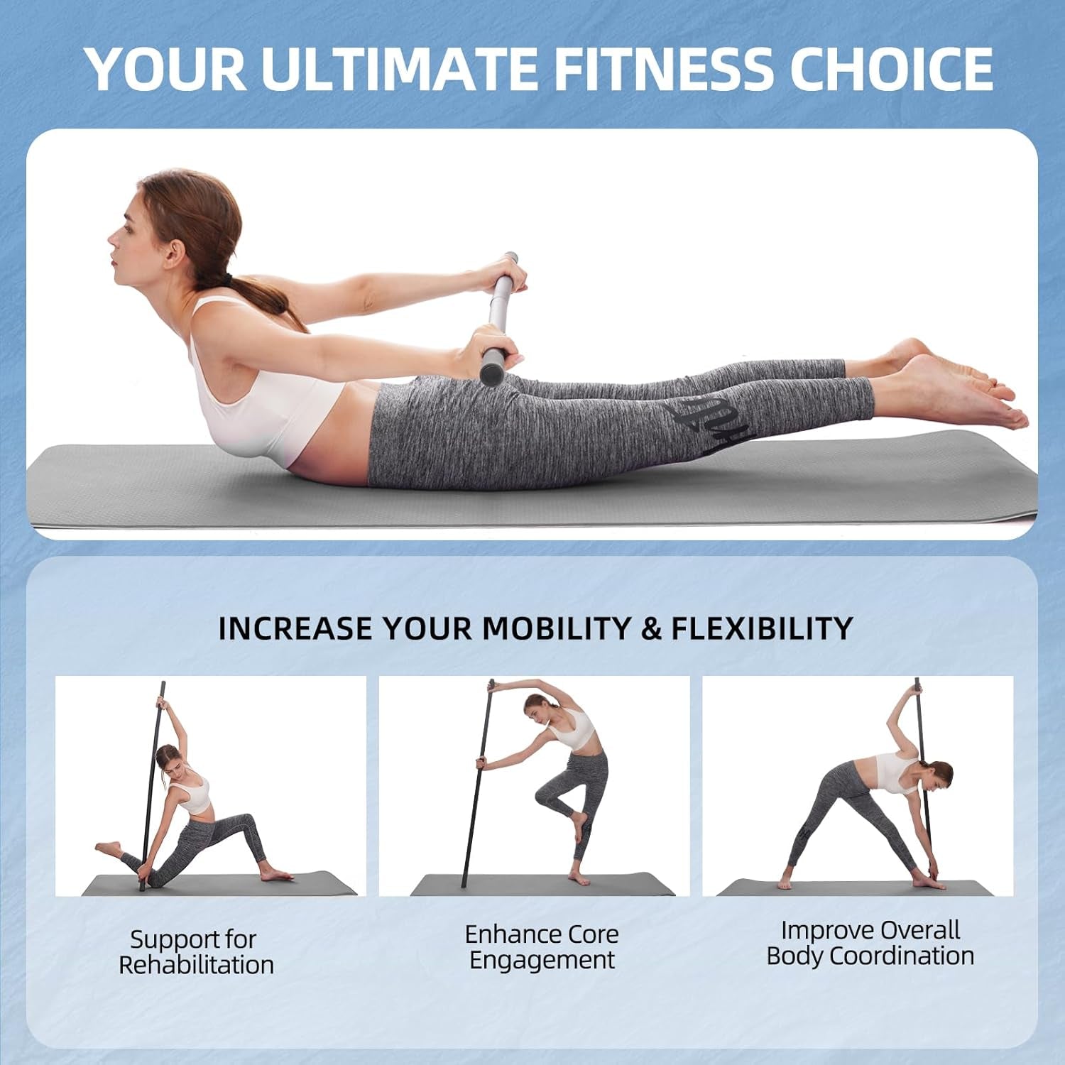 Adjustable Yoga Stick (30/45/60 In), Fully Foam-Sleeved Steel Stretching & Mobility Stick with Exercise Guide, Portable Fitness & Rehab Tool, Carry Bag Included