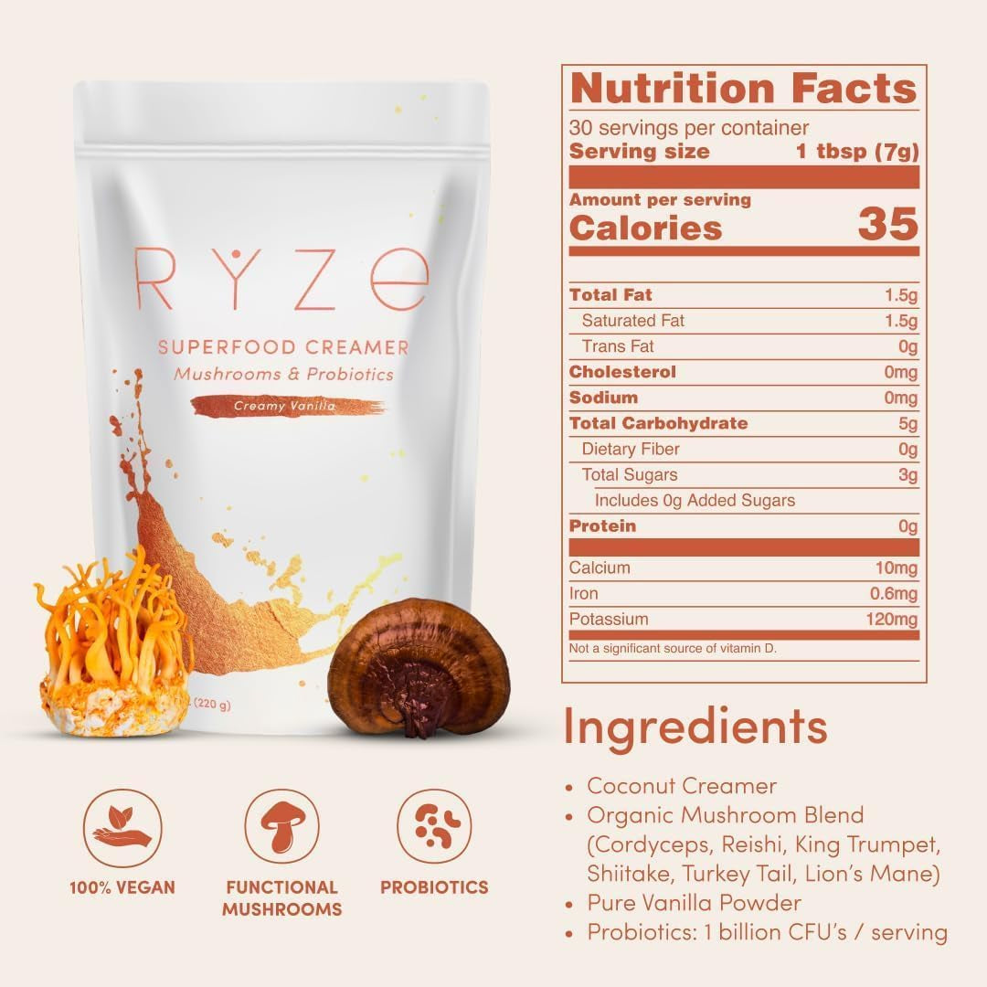RYZE N Shine Bundle, USDA Organic Mushroom Medium Roast Coffee + Probiotic Coffee Creamer with 6 Adaptogenic Mushrooms for Better Energy, Focus, Digestion, Immunity, 30 + 30 Servings