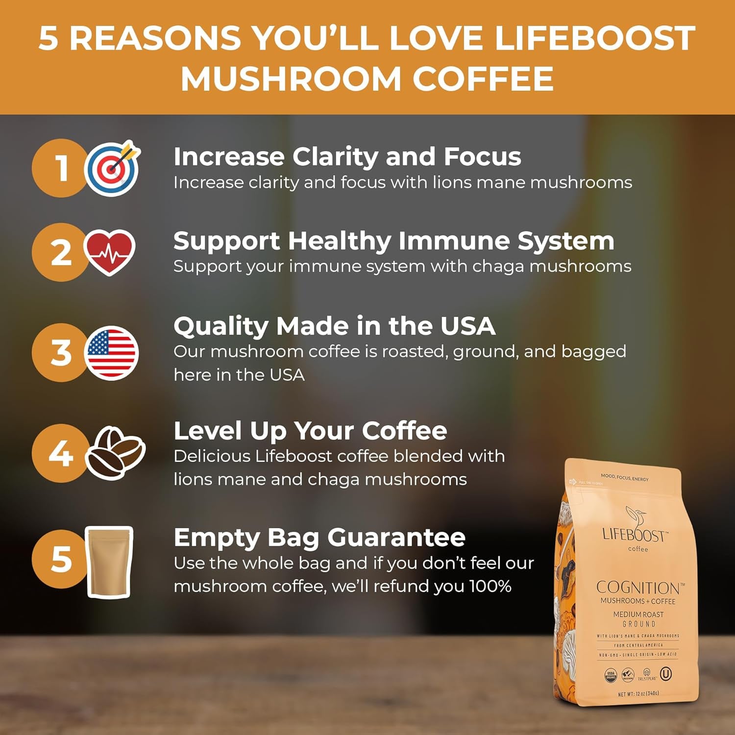 Cognition Focus Coffee for Calm Energy - Lion’S Mane Mushroom Coffee with Chaga - Organic Medium Roast Nootropic Coffee - Low Acid Adaptogenic Coffee - 12 Oz Ground