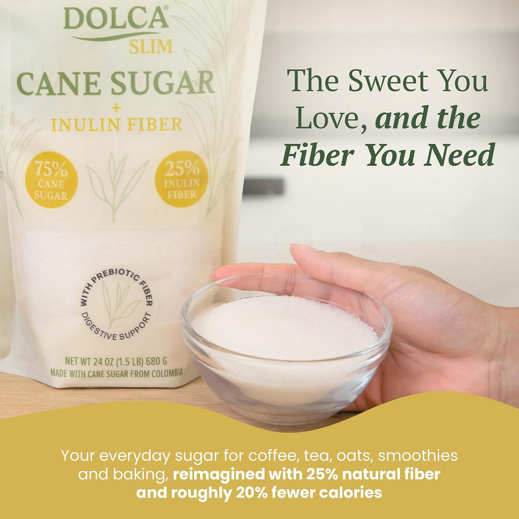 Slim – Prebiotic Cane Sugar with Inulin (Chicory Root) Fiber – 25% Fiber & Fewer Calories per Serving – Same Taste & Texture – 1:1 Sugar Replacement for Coffee, Tea & Baking – Bakes & Browns like Real Sugar – No Artificial Sweeteners or Sugar Alcohols – Simply Smarter