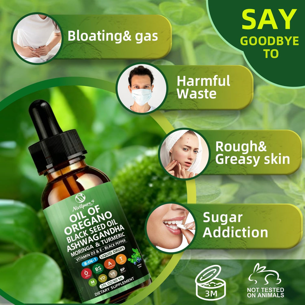 Oil of Oregano with Black Seed Oil | 8 in 1 Organic Oregano Oil Drops with Ashwagandha, Moringa & Turmeric | Natural Herbal Supplements for Immune Support & Stress Relief | Vegan Friendly, 2 Fl Oz
