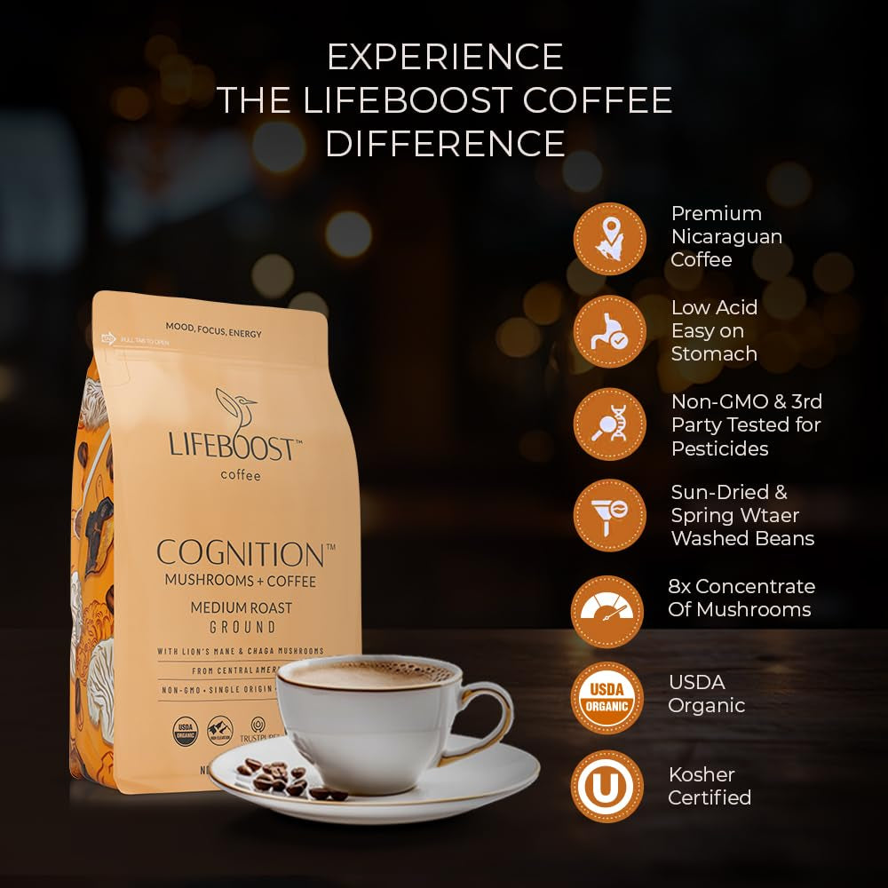 Cognition Focus Coffee for Calm Energy - Lion’S Mane Mushroom Coffee with Chaga - Organic Medium Roast Nootropic Coffee - Low Acid Adaptogenic Coffee - 12 Oz Ground
