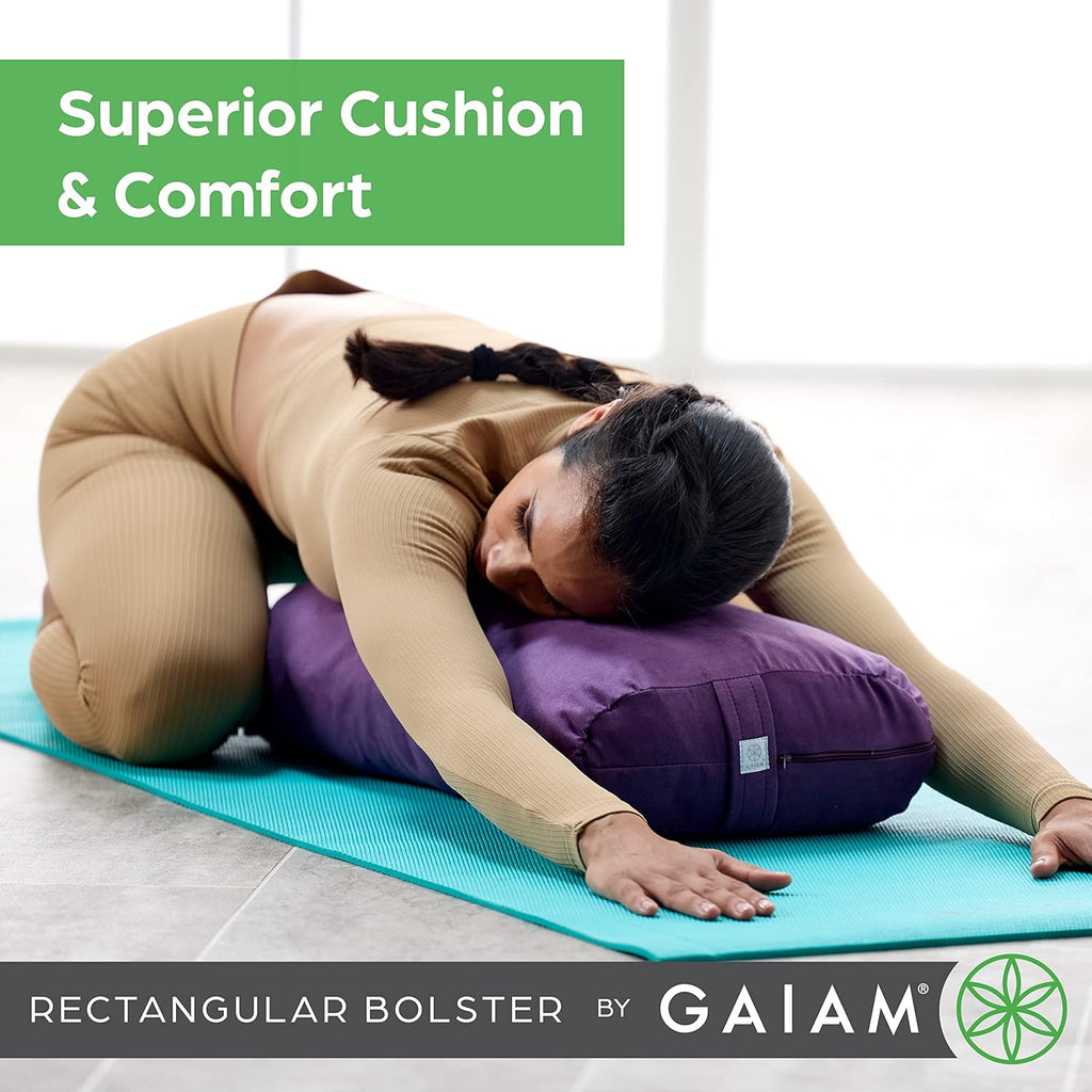 Gaiam Yoga Bolster Pillow, Soft Meditation Cushion for Yoga, Massage and Back Support, Breathable Cotton Fill, Zippered Microfiber Cover, Easy-Carry Handle, Machine Washable