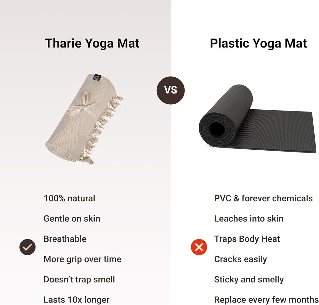 Tharie Hand-Woven Organic Cotton Yoga Mat, Washable & Good Grip, Standalone or as Topper, 70 X 196 Cm, Made in India