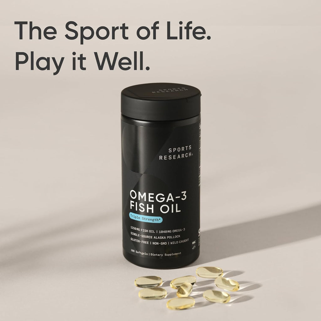 Sports Research® Omega-3 Fish Oil 1250Mg from Wild Alaska Pollock,180 Count | Always Fresh Never Fishy, 690Mg EPA 260Mg DHA per Softgel, MSC Certified Sustainable, Heart & Brain Health, Non-Gmo, Soy Free