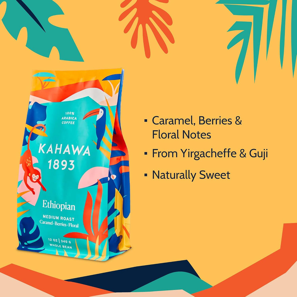 Whole Bean Coffee Medium Light Roast Ethiopian Blend 24 Oz - as Seen on Shark Tank, High Antioxidants, Naturally Sweet, Organically Grown, Ethically & Sustainably Sourced
