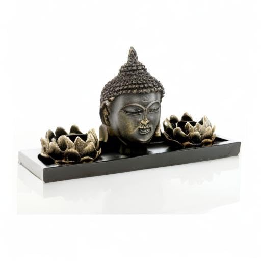 MyGift Black Buddha Head Sculpture Zen Garden Set with Lotus Tealight Candle Holders and Wooden Display Tray, Decorative Tabletop Home Accent