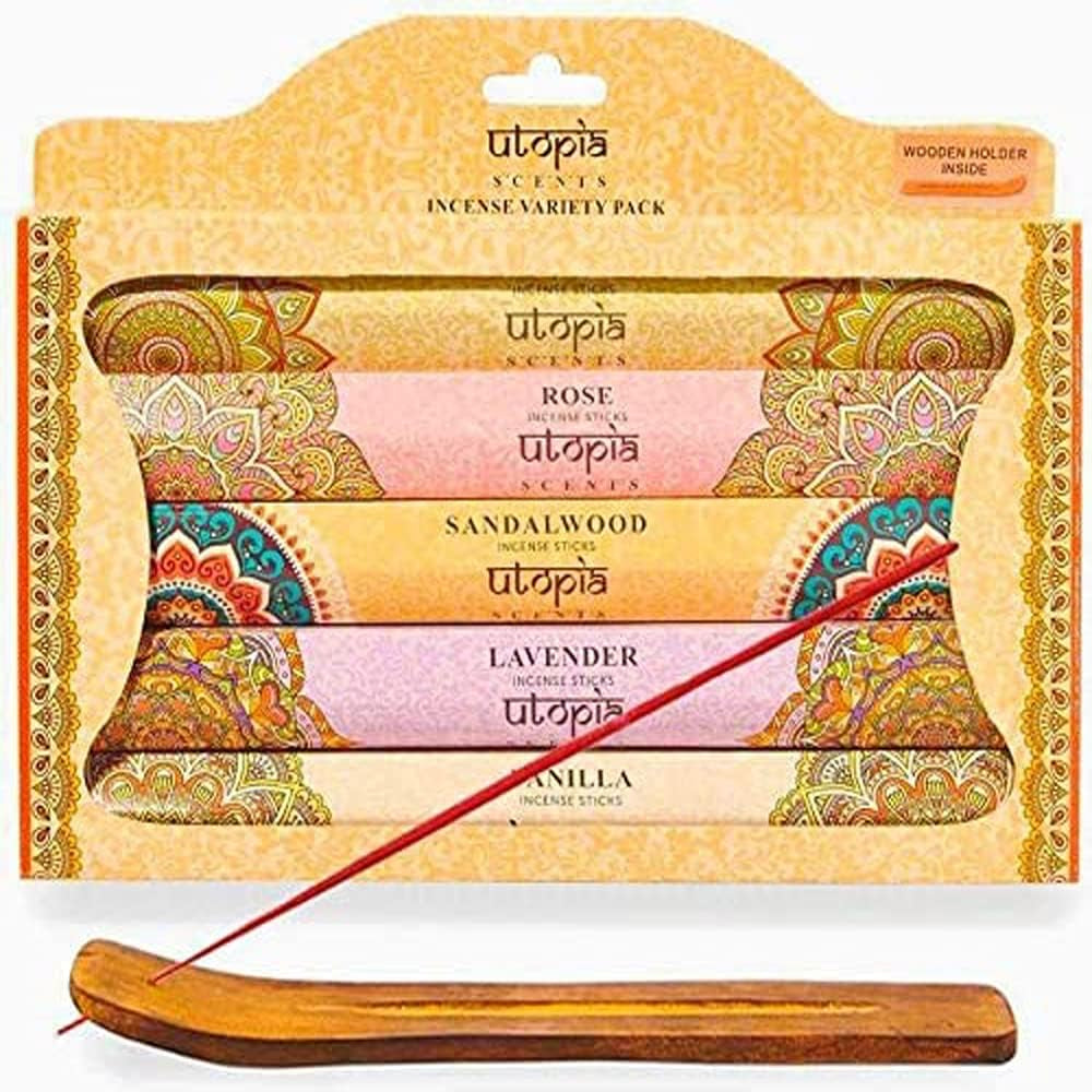 Premium Quality Incense Sticks. Lavender, Sandalwood, Jasmine, Vanilla and Rose Aroma. Variety Gift Pack 75 Sticks, Includes a Free Holder
