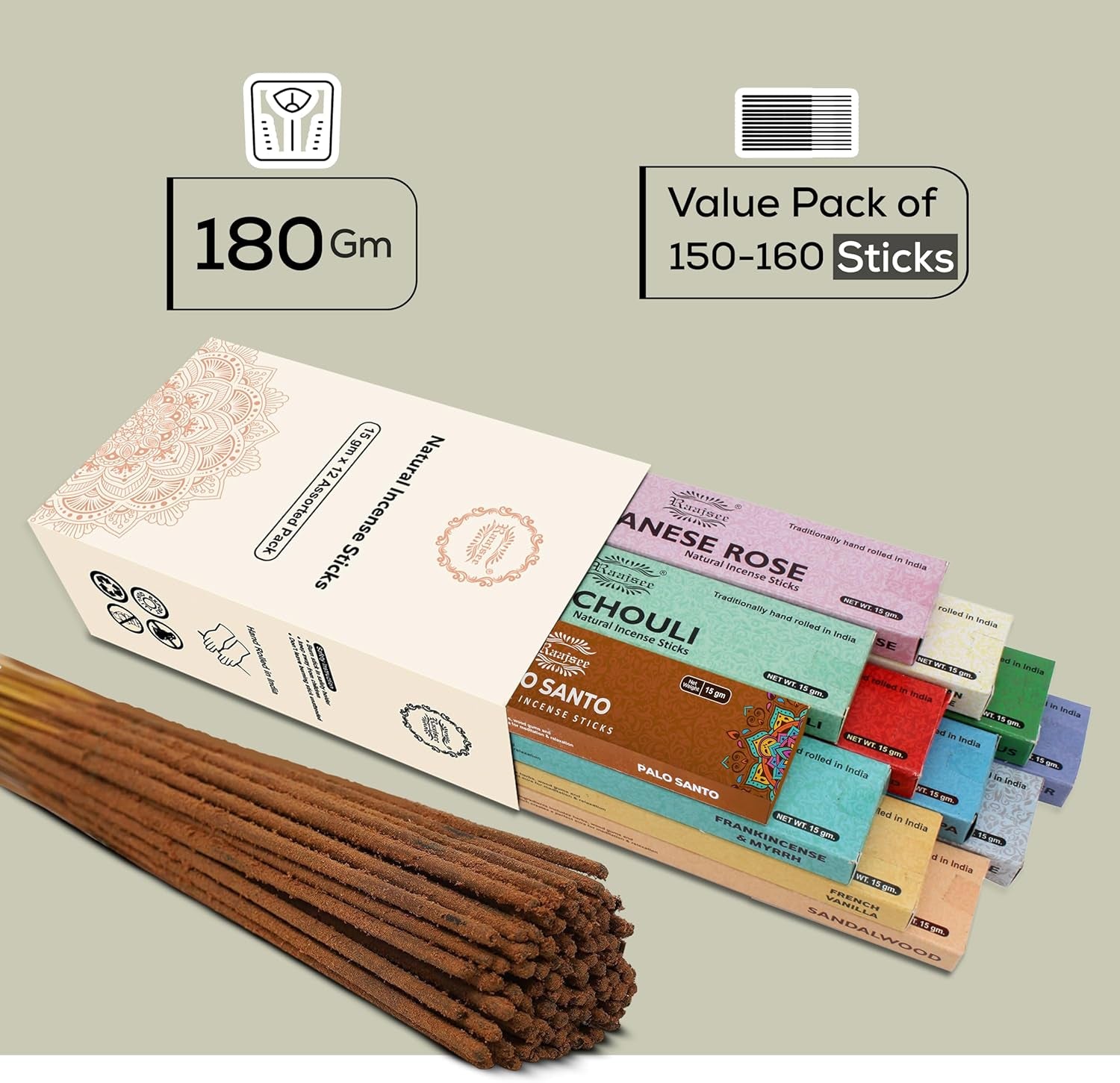 Incense Sticks Assorted Pack (180 Gm), 100% Pure Organic Natural Hand Rolled Free from Chemicals - Perfect for Aromatherapy, Cleansing, Meditation, and Church (12 Pack)