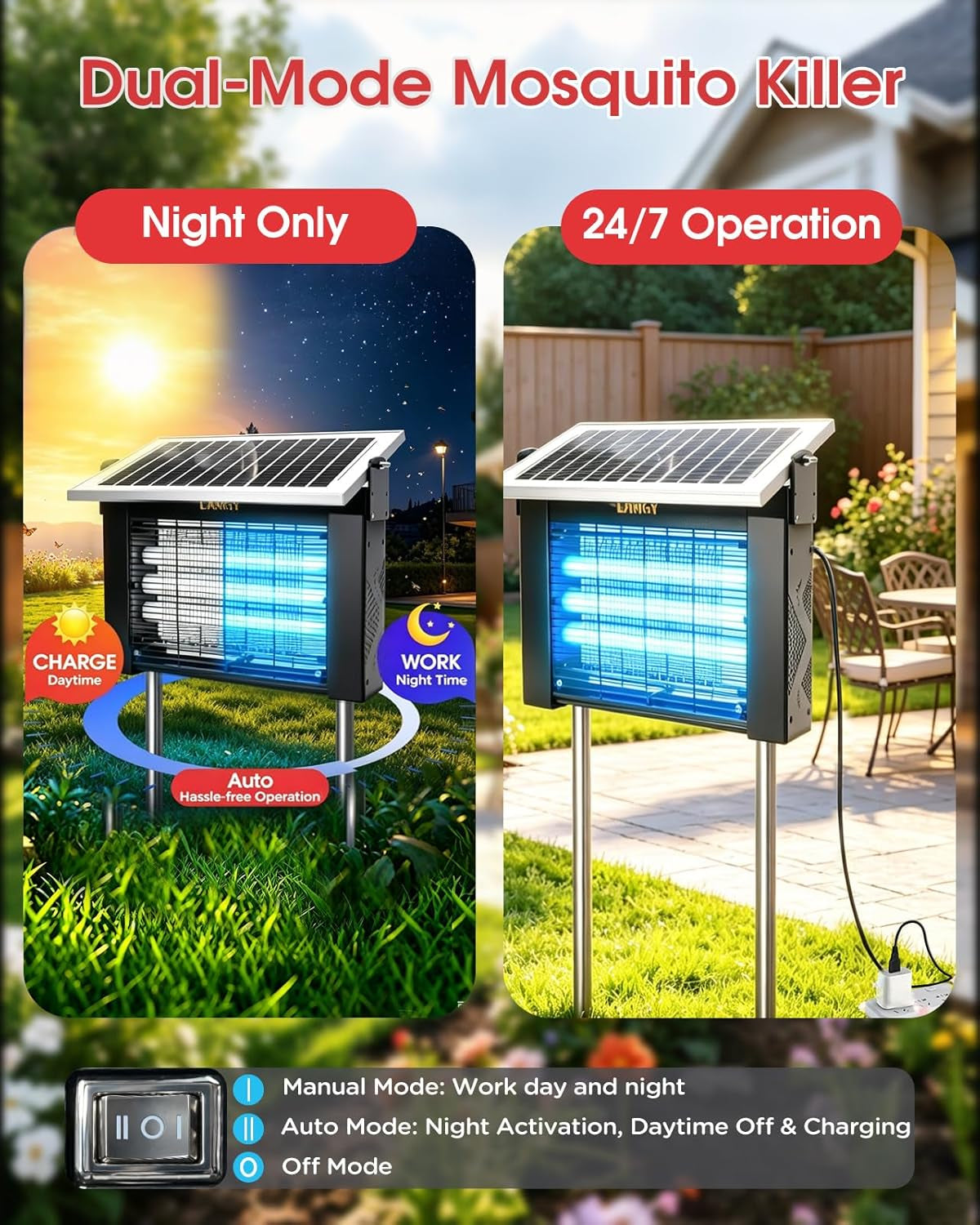 10W Solar Bug Zapper Outdoor Waterproof, Upgrade 3-Tube 365Nm Mosquito Zapper Solar Powered, Rechargeable 4500V Electric Cordless Fly Zapper Mosquitos Trap Auto On/Off for Yard Patio Camping