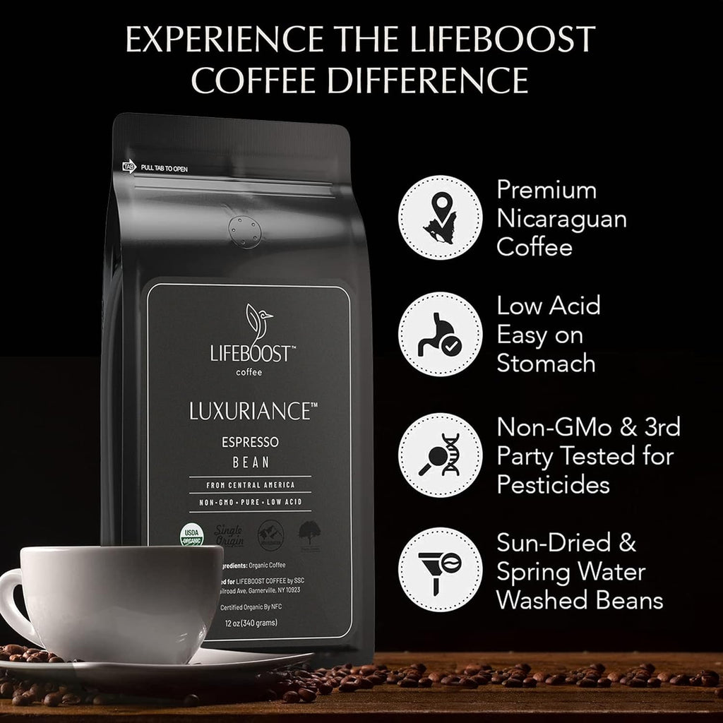 Organic Espresso Whole Bean Coffee - Low Acid Espresso Coffee, Non-Gmo, USDA Organic, Single Origin, Third-Party Tested for Mycotoxins & Pesticides - 12 Oz Bag