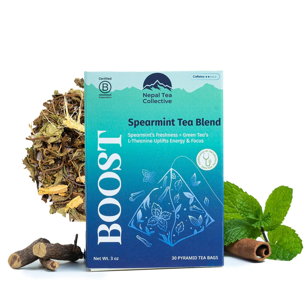 Boost Spearmint Green Tea Bags, 30 Count | Wellness Blend with Licorice Root & Cinnamon, Medium Caffeine | Digestive Wellness Energy | Plastic Free Pyramid Bags with Whole Tea Leaves