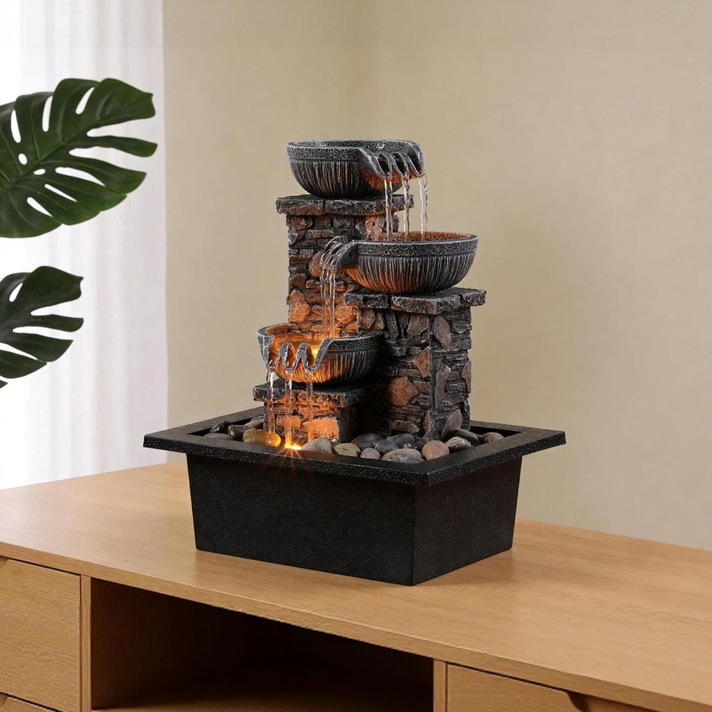 Tabletop Waterfall Fountain 3 Bowls with LED Light, Soothing Water Flow Sound, Zen Meditation Decor for Home and Office, Relaxation Water Fountains Indoor (23113)