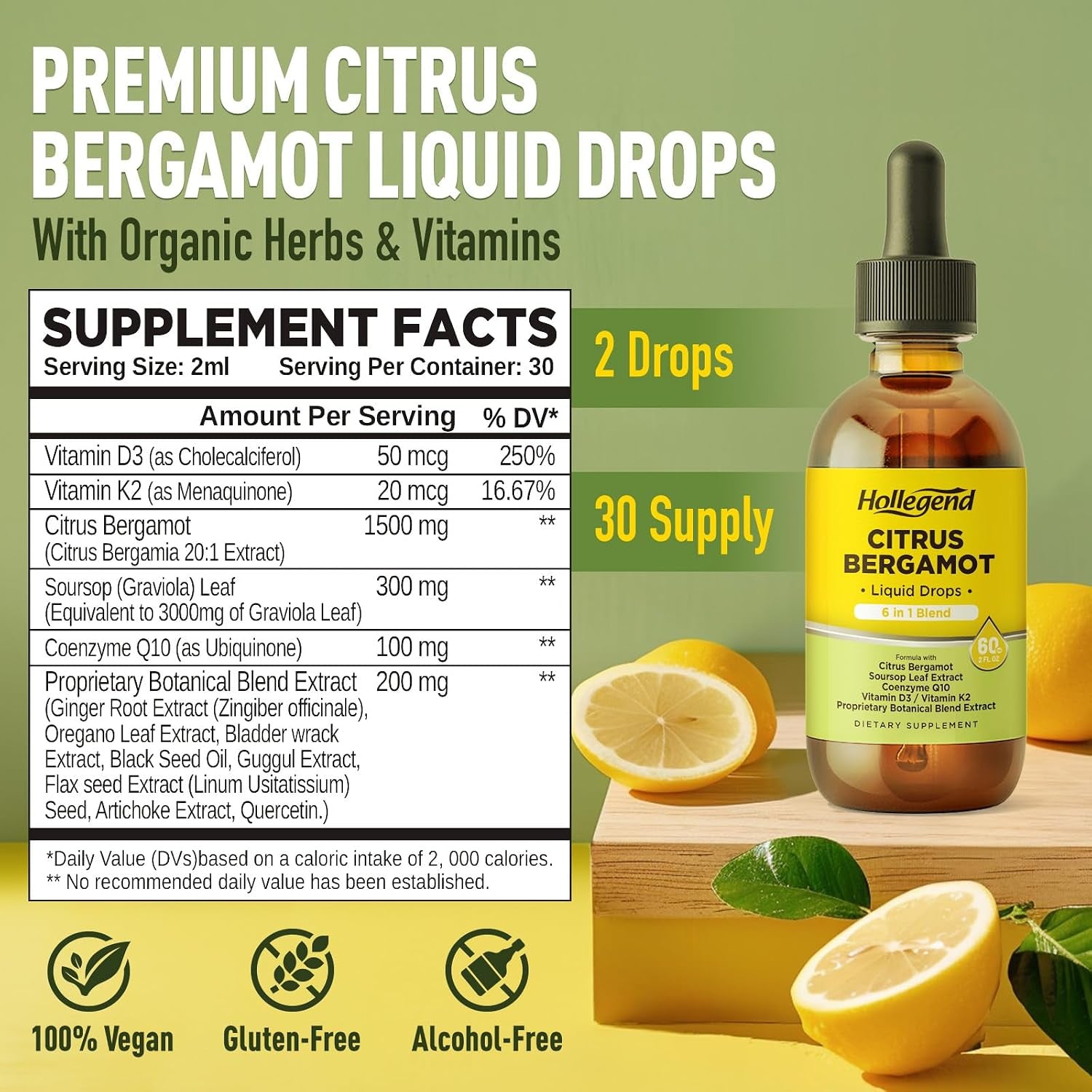 Citrus Bergamot Liquid Drops, Organic Citrus Bergamot 1000Mg Supplement, plus Soursop, Coq10, Vitamin D3, K2, Overall Health Support, Vegan, Lemon Flavor,2 Fl Oz