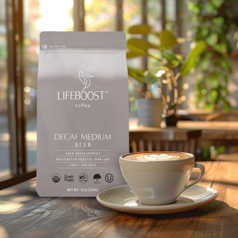 Medium Roast Swiss Water Decaf Whole Bean Coffee - Low Acid Organic Decaf Coffee, Non-Gmo, USDA Organic, Single Origin, Third-Party Tested for Mycotoxins & Pesticides - 12 Oz Bag