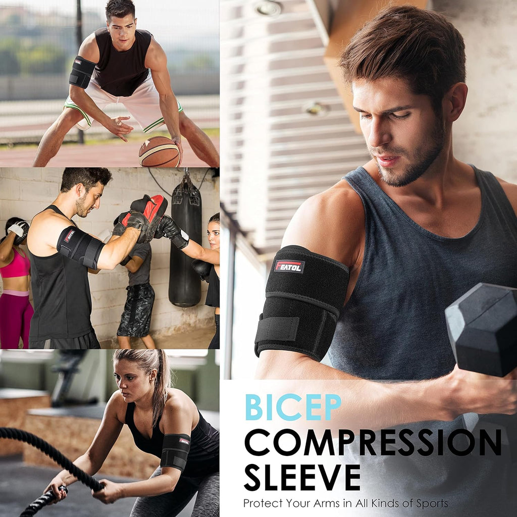 Bicep Tendonitis Brace Compression Sleeve Support, Upper Arm Brace Tricep Bicep Support Bands for Men and Women, Arm Wrap Pain Relief for Muscle Strains and Inflammation(Black, Large)