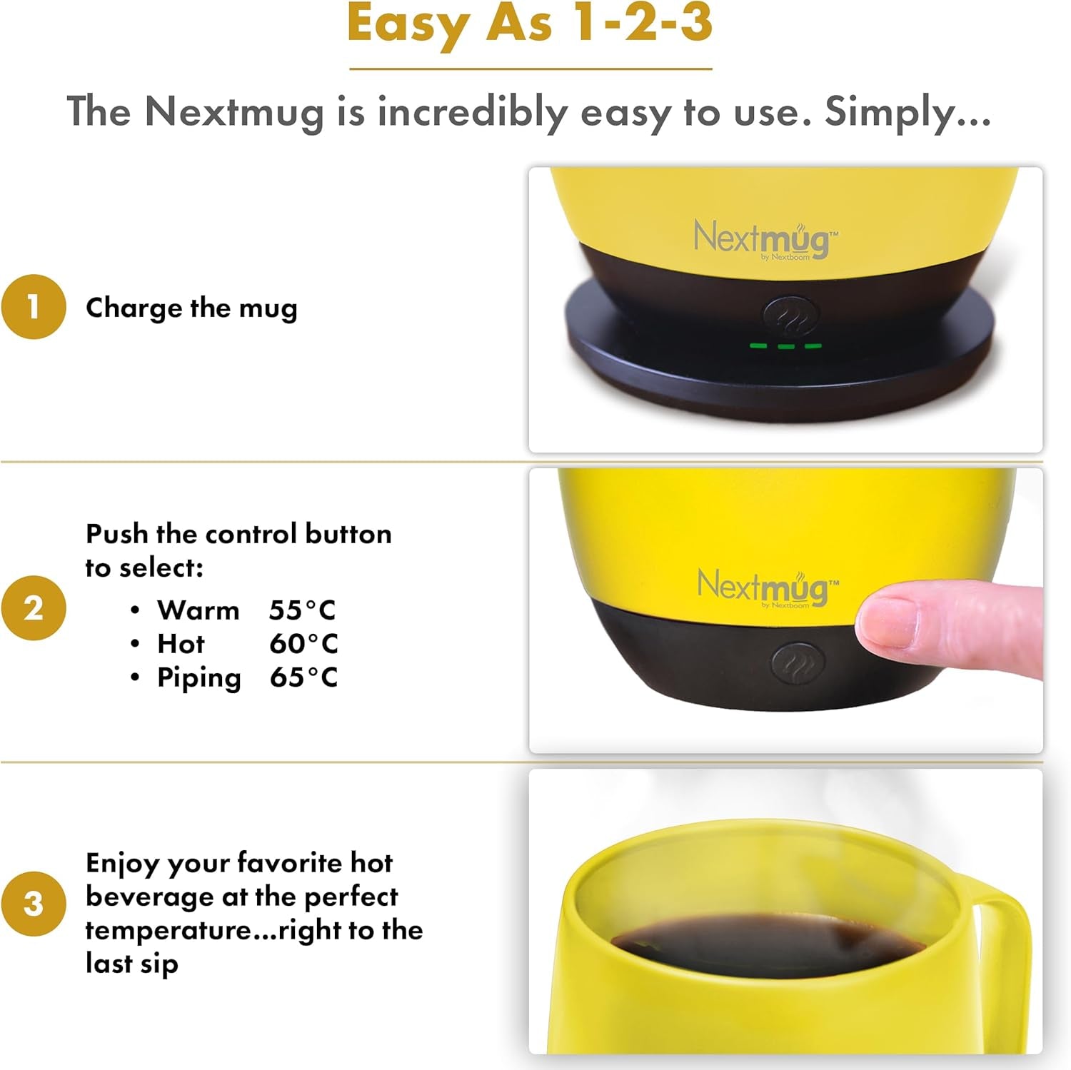 Nextmug - Temperature-Controlled, Self-Heating Coffee Mug (Sunshine - 14 Oz.)
