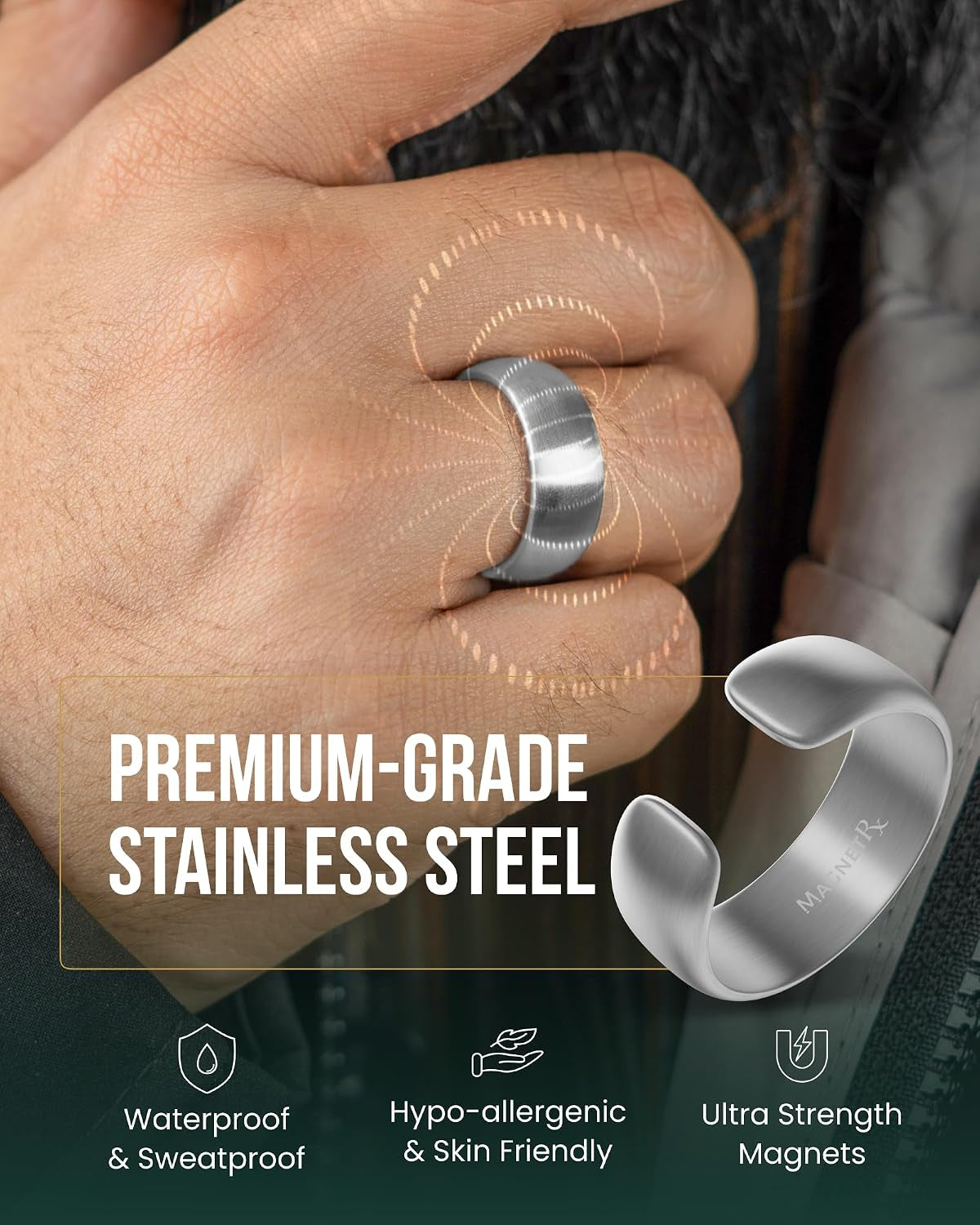 ® Magnetic Ring - Elegant Stainless Steel Ring - Magnet Rings for Men (Brushed Silver | Size: 8)