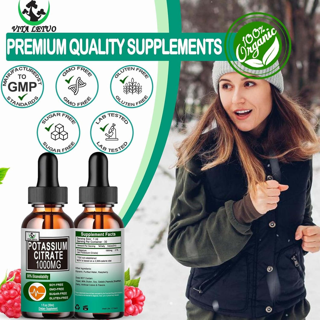 Potassium Citrate Liquid Drops,Potassium Supplement 1000Mg Liquid Support Muscle Cramp Relief, Heart Health and Sleep,Highly Absorbable for Adults Women & Men, Vegan, 30 Servings