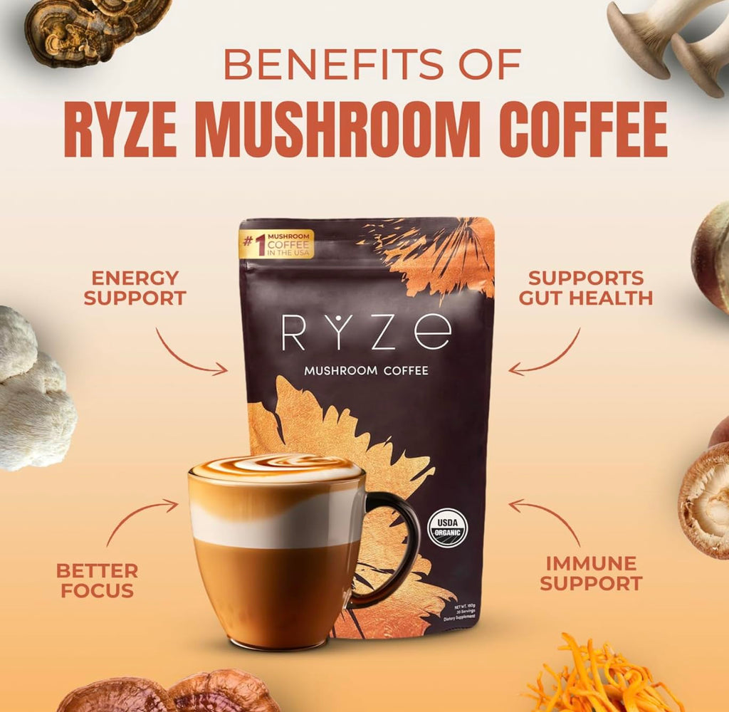 Day + Night Bundle with Mushroom Coffee and RYZE Hot Cocoa, USDA Organic Mushroom Coffee with 6 Adaptogenic Mushrooms & MCT Oil, Hot Cocoa Keto Sleep Aid with Melatonin, 30+20 S