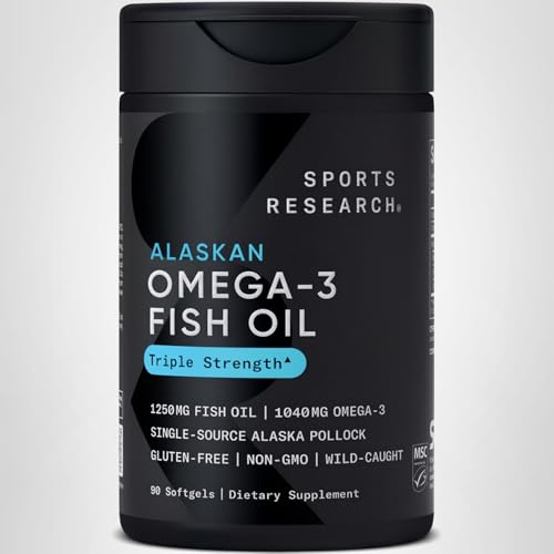 Sports Research® Omega-3 Fish Oil 1250 - Triple Strength Fish Oil Supplement from Wild Alaska Pollock - MSC Certified Sustainable · Non-GMO · Soy Free - 90 Softgel Capsules