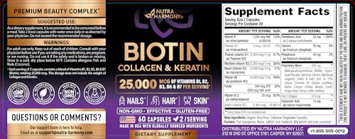 NUTRAHARMONY Biotin | Collagen | Hyaluronic Acid | Keratin - Support Normal Hair Growth Cycle - Skin & Nails - 25000mcg Vitamins B1, B2, B3, B6 & B7 - for Women & Men - Made in USA | 60 Capsules