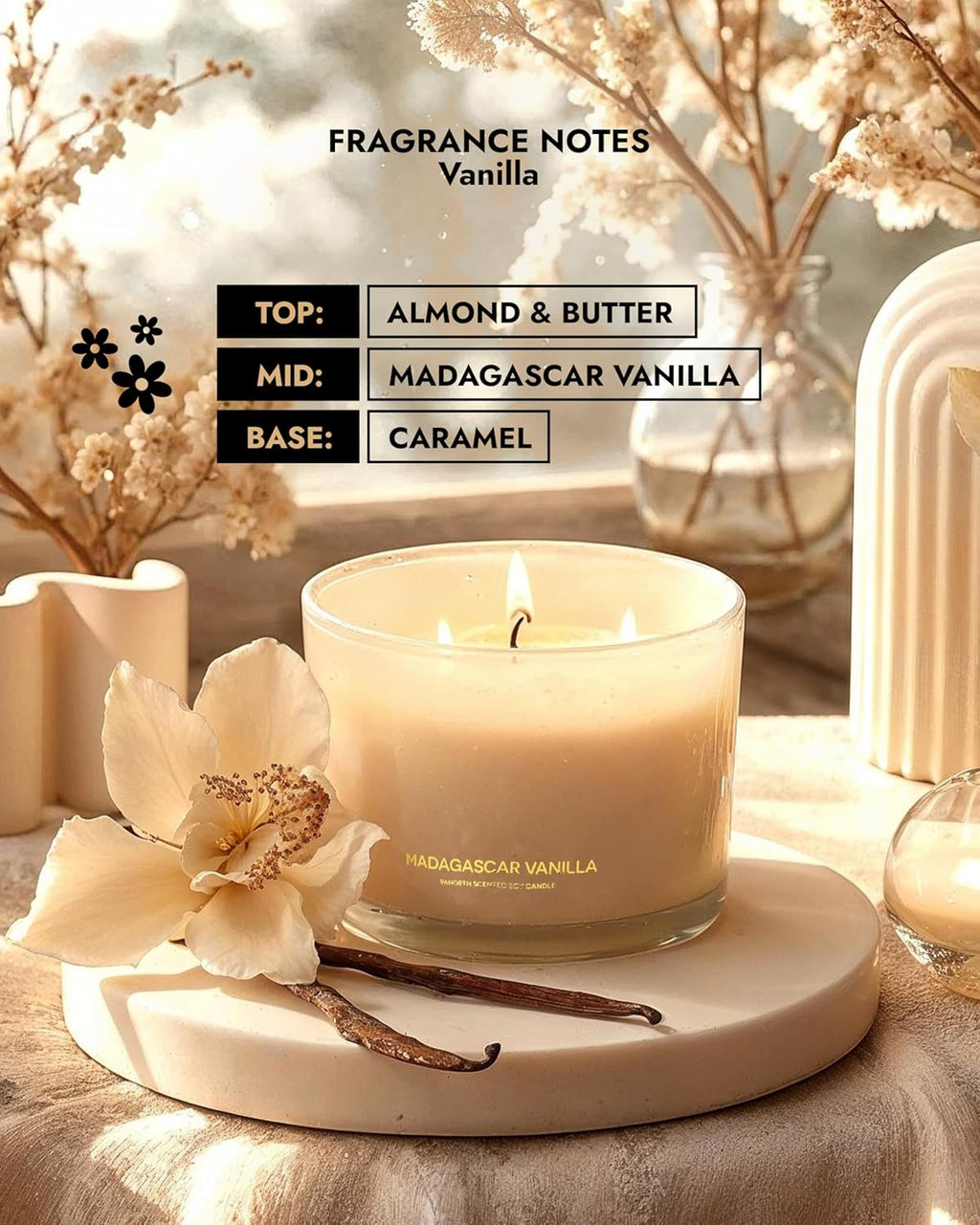 Luxury Vanilla Soy Candles | Large 3 Wick Jar Candle | up to 50 Hours Burning Time | 100% Natural Soy Wax | Relaxing Aromatherapy Aesthetic Candle | Housewarming Gift for Men and Women