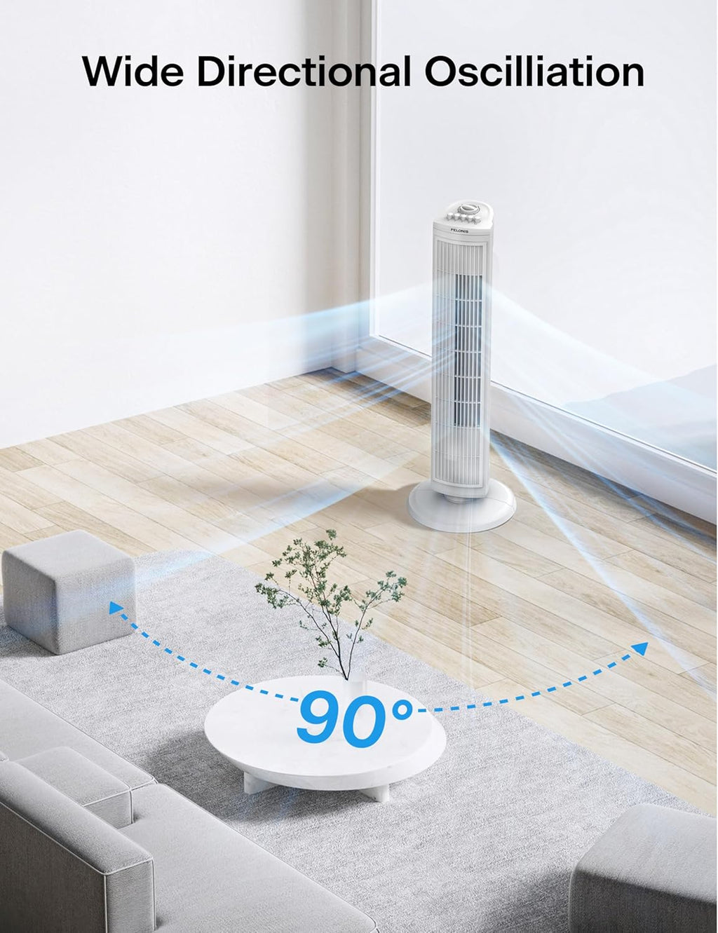 PELONIS 30 Inch Tower Fan for Bedroom, Quiet Oscillating Standing Fan with 3 Speeds, Portable Cooling Fan for Home Office Dorm Room, Auto-Off Timer, White, PFT28A2BWW