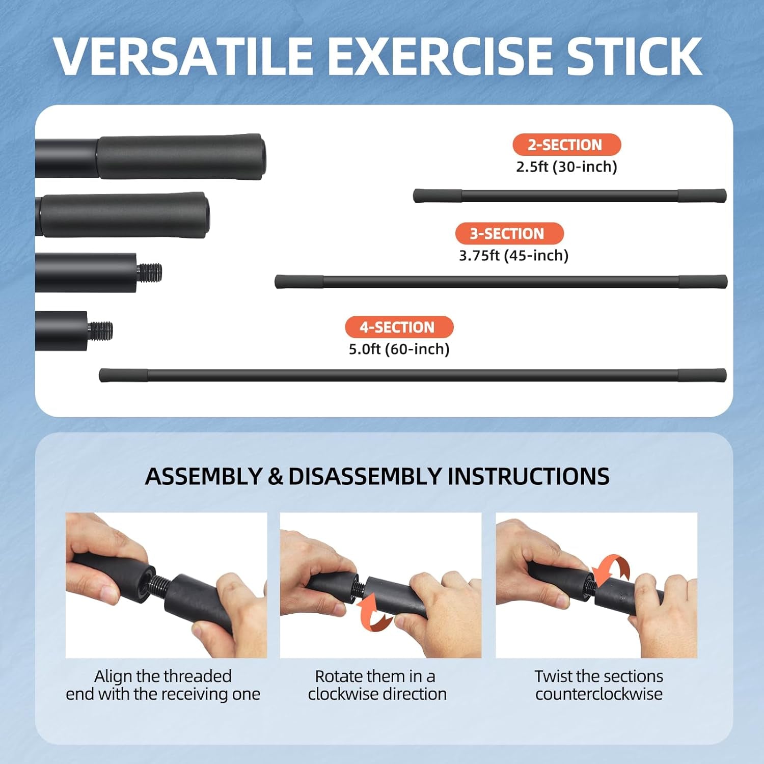 Adjustable Yoga Stick (30/45/60 In), Fully Foam-Sleeved Steel Stretching & Mobility Stick with Exercise Guide, Portable Fitness & Rehab Tool, Carry Bag Included