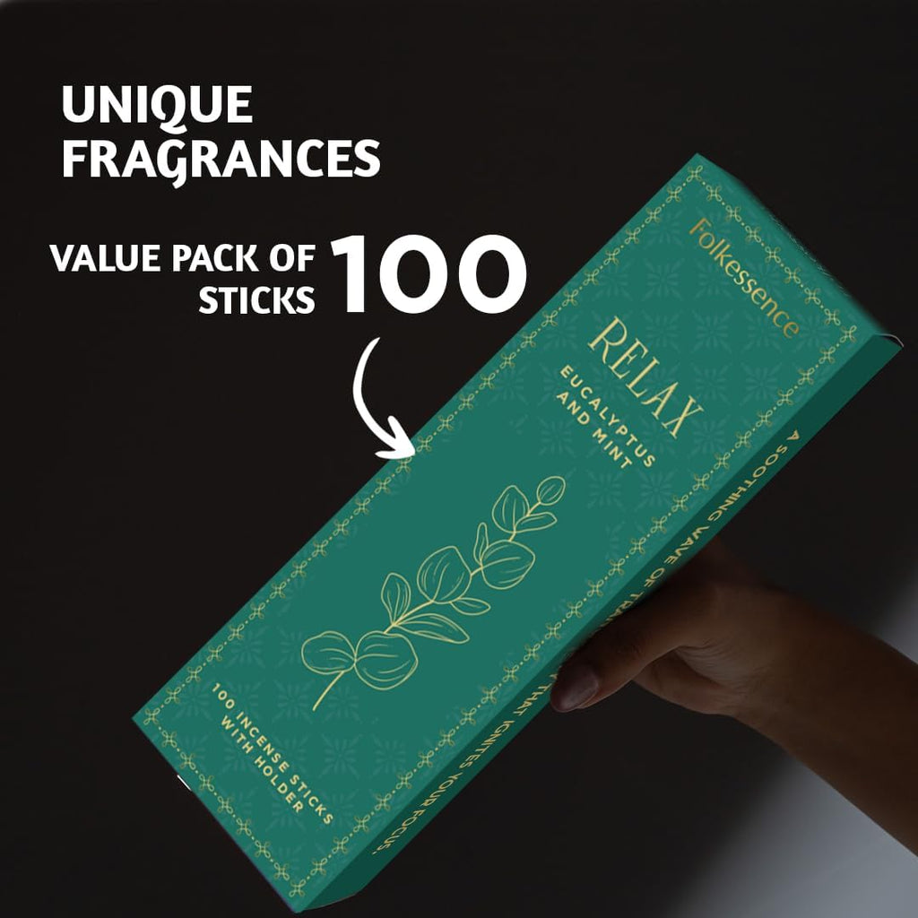 Incense Sticks with Holder (100 Sticks)| Eucalyptus Incense Stick for Meditation, Aromatherapy, Realxation Gifts | No Charcoal,Organic,Non Toxic, 45 Mins, Long Burning Insence-Sticks