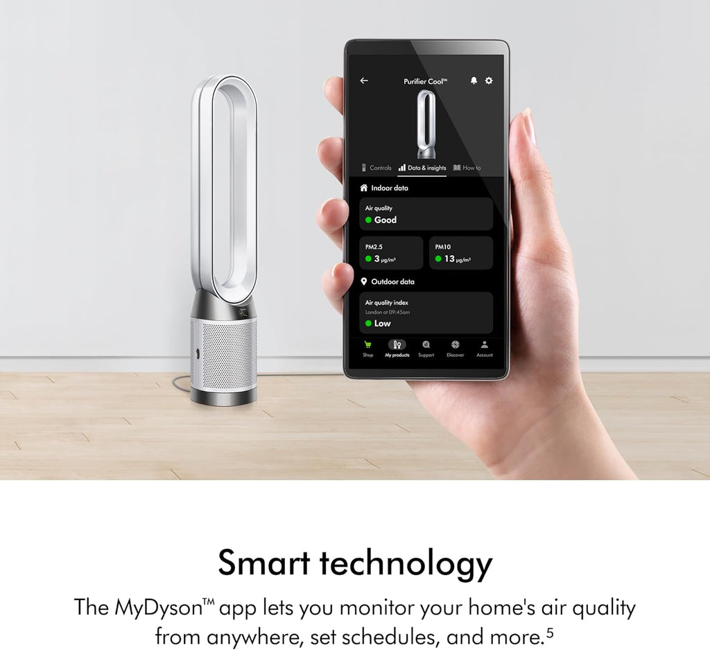 Dyson Purifier Cool PC1, HEPA Air Purifier Tower Fan, App and Remote Controlled, 350° Oscillation, 10 Levels, Bladeless (White)