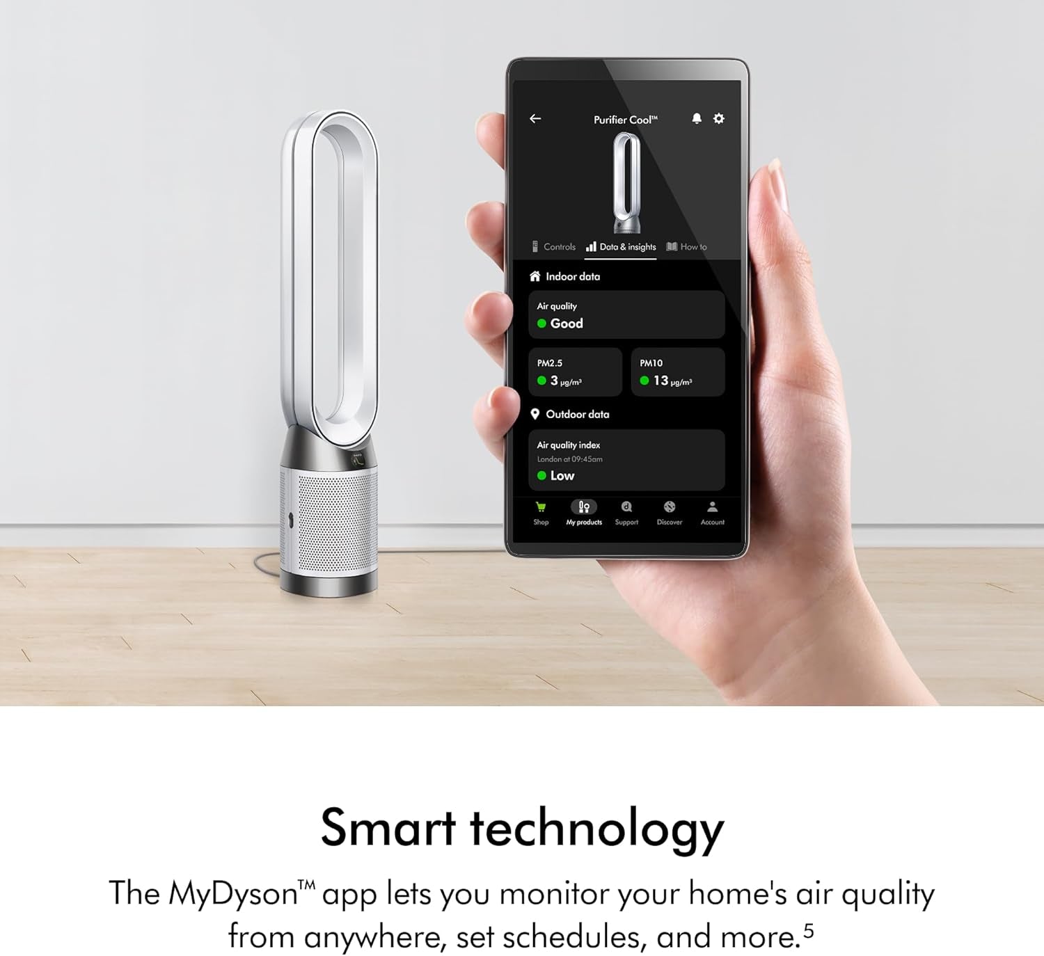 Dyson Purifier Cool PC1, HEPA Air Purifier Tower Fan, App and Remote Controlled, 350° Oscillation, 10 Levels, Bladeless (White)