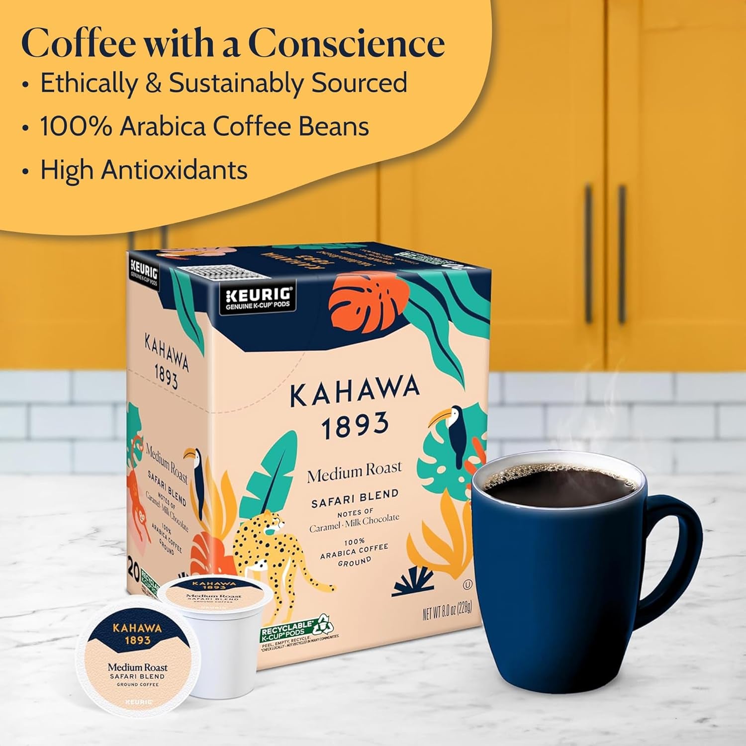 Medium Roast Coffee K-Cup Pods Safari Blend (20 Count) - as Seen on Shark Tank, High Antioxidants, Naturally Sweet, Organically Grown & Cultivated, Ethically & Sustainably Sourced