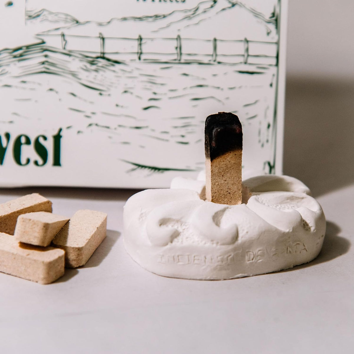 - 7 Scent Sampler Natural Wood Incense with Burner, Includes Piñon, Cedar, Juniper, Hickory, Alder, Mesquite, and Fir Balsam (70 Bricks) - Made in the USA