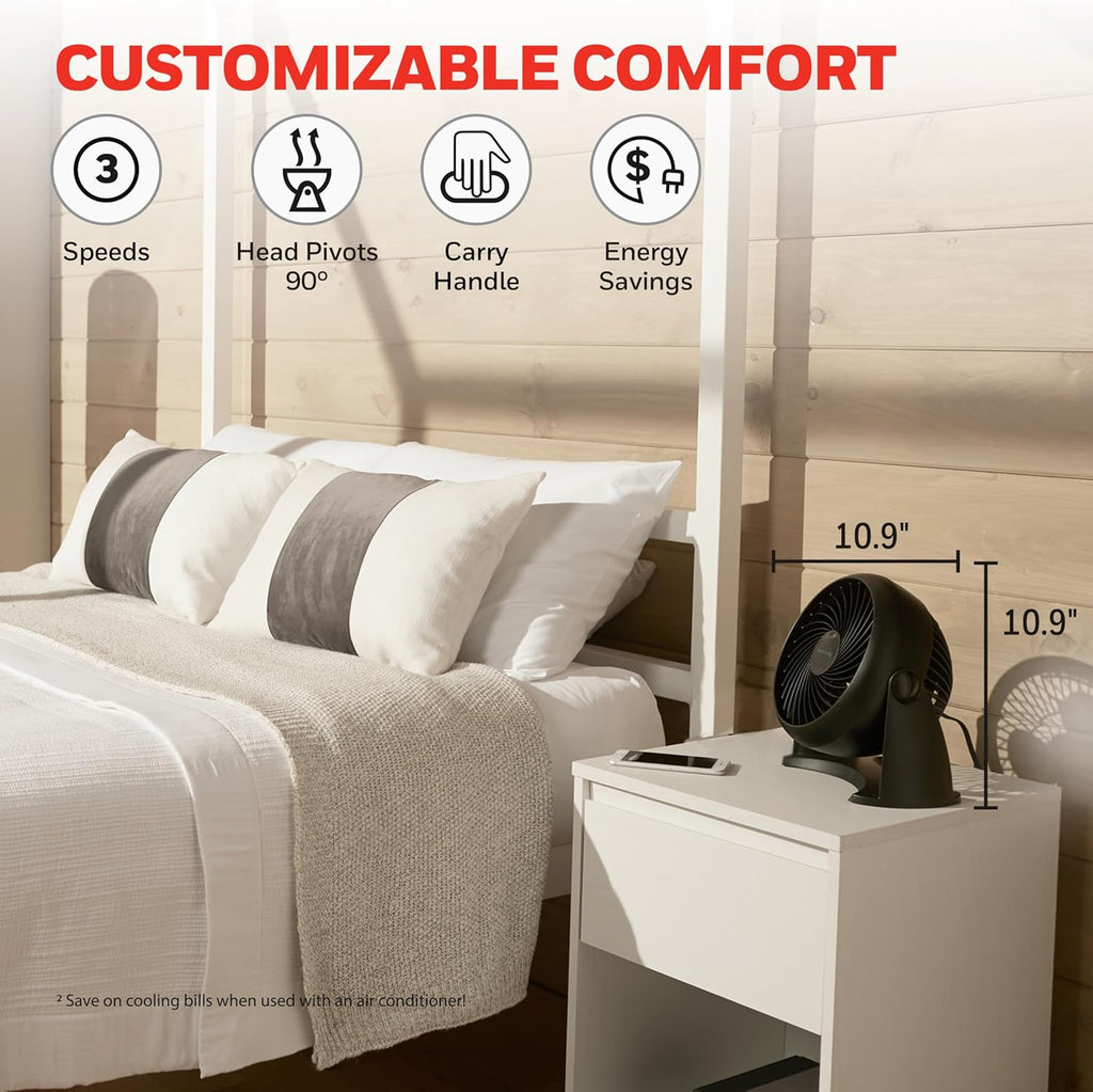 Turboforce Air Circulator, Small Tabletop Fan, Quiet Personal Fan for Home or Office, 3 Speeds, 90 Degree Pivoting Head, Black, HT900