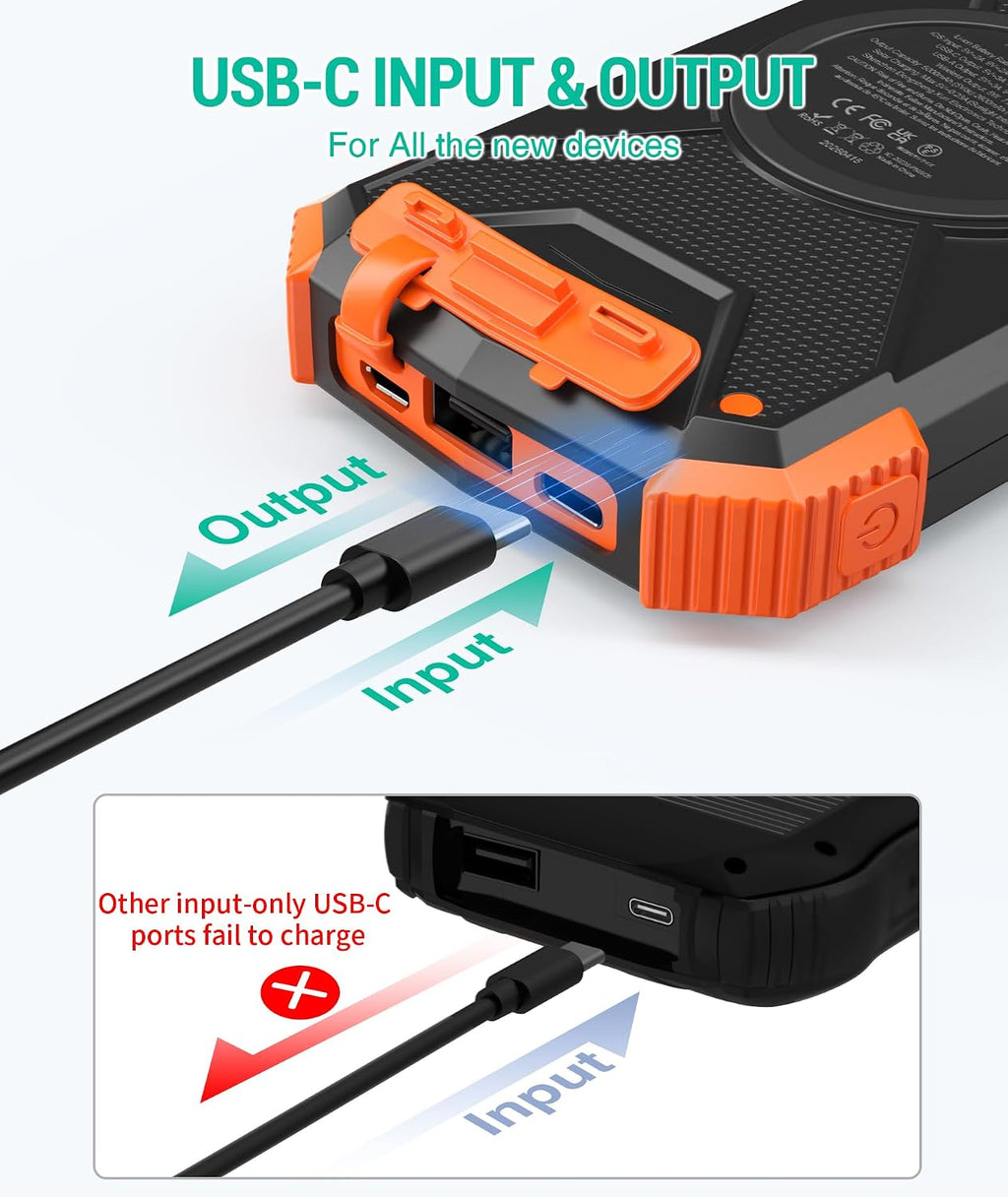 Solar Power Bank 10,000Mah, Portable Wireless Charger, 20W Fast Charging External Battery Pack with USB C for Cell Phones, Solar Panel Charging with Dual Flashlight for Camping