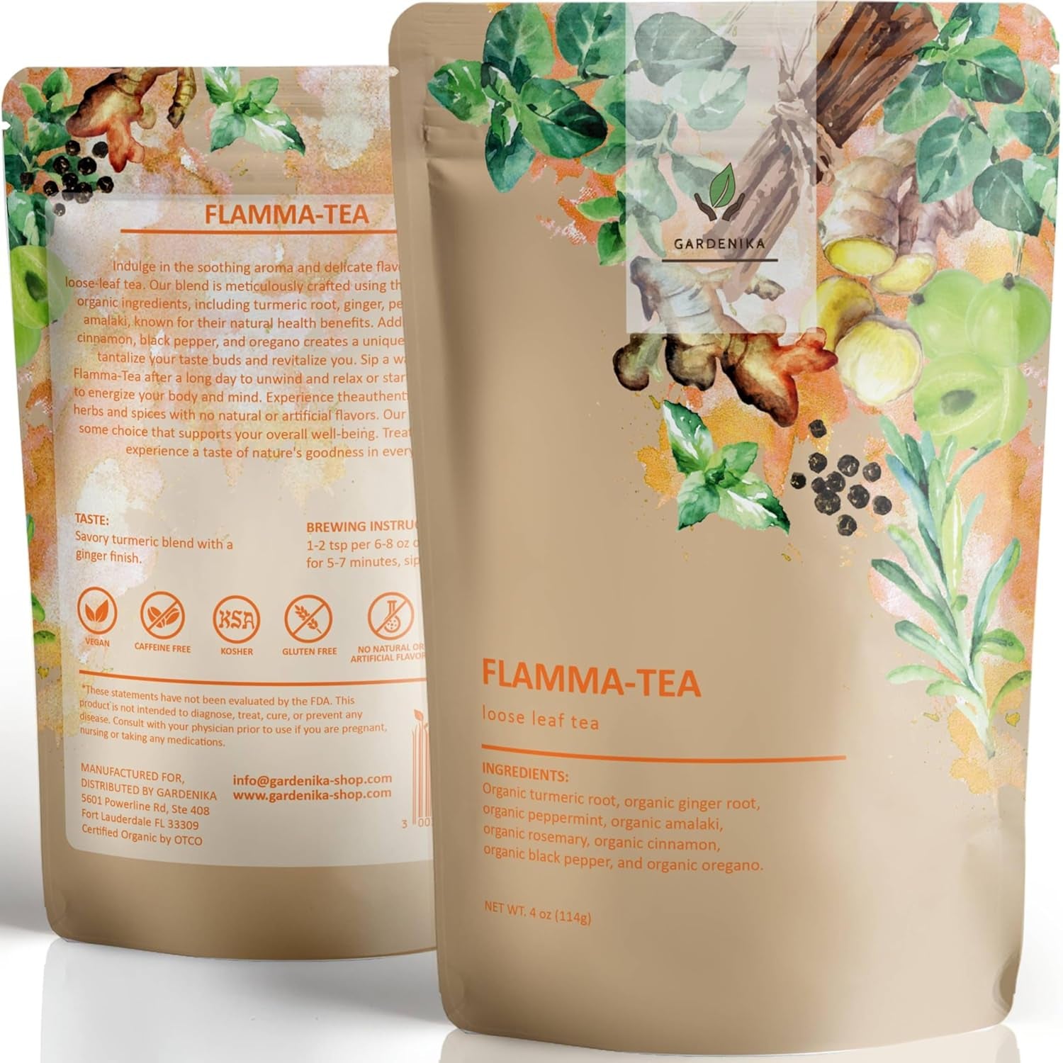 Organic Flamma-Tea Loose Leaf Tea | Premium Turmeric Ginger Blend with Cinnamon, Peppermint & Black Pepper | 100% Natural, Caffeine Free Herbal Wellness Tea | 4Oz (113G)