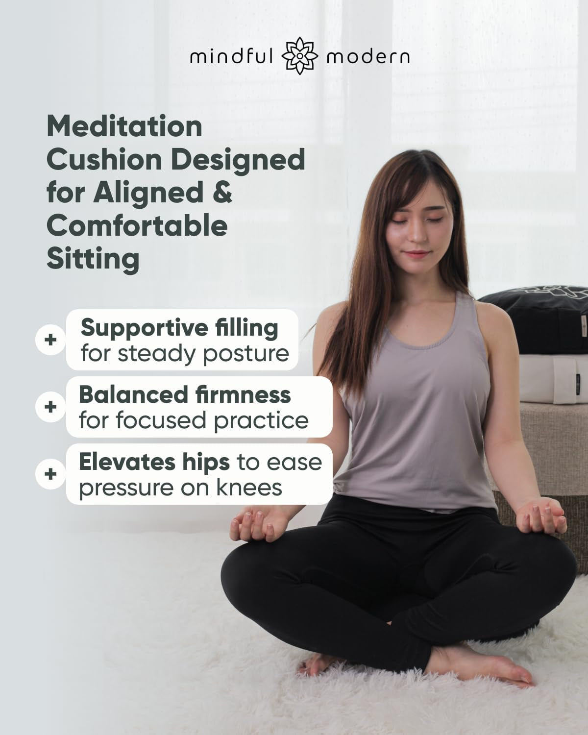 Mindful & Modern Large Meditation Cushion for Zafu Yoga - Meditation Pillow for Sitting on the Floor - Buckwheat Hull Filled Yoga Cushion with Removable, Washable 100% Cotton Cover and Carry Handle