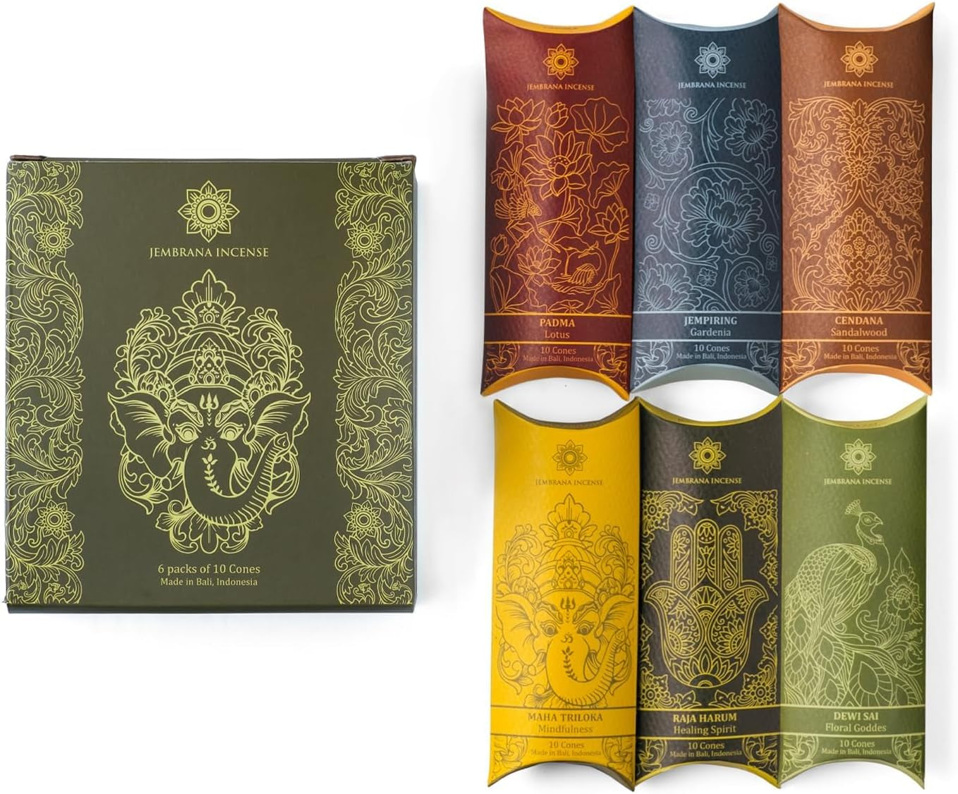 Cones - Mix 6 Scents (60 Cones Total) - Lotus, Gardenia, Sandalwood, Healing Spirit, Mindfulness & Floral Goddess - Authentic Balinese Handcrafted Gift Set